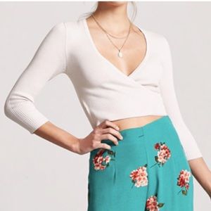 Forever 21 Ballet Pink Ribbed Faux Wrap Cropped Knit Sweater Top Women Small NWT